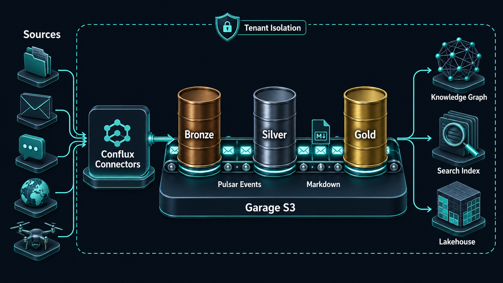 Data Hub medallion pipeline: structured, unstructured and IoT sources refined through Bronze, Silver and Gold into an entity-keyed hub with co-located lineage
