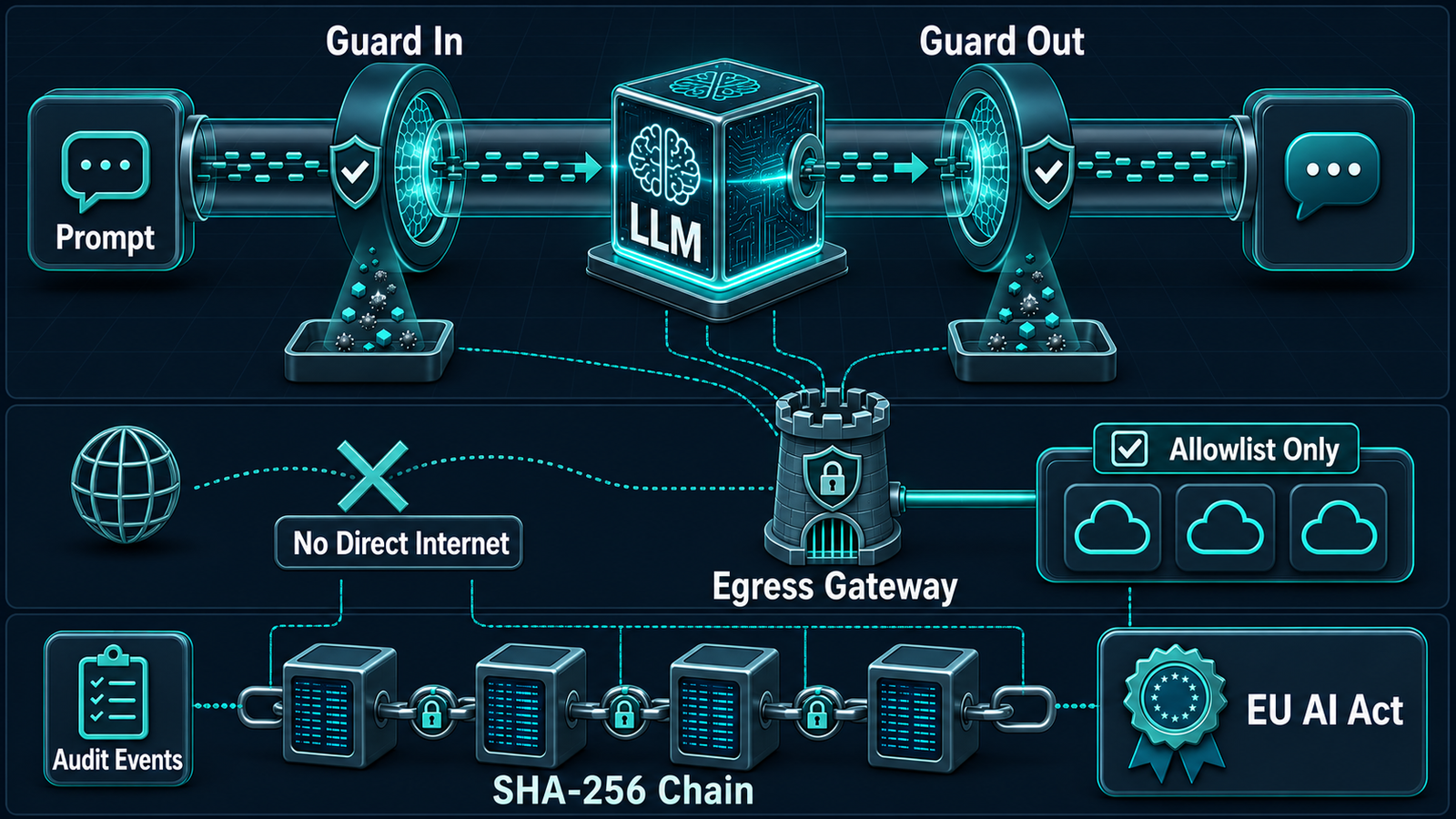 AI Governance and Compliance: policy-as-data, guardrails, assessments and immutable audit trail across the runtime