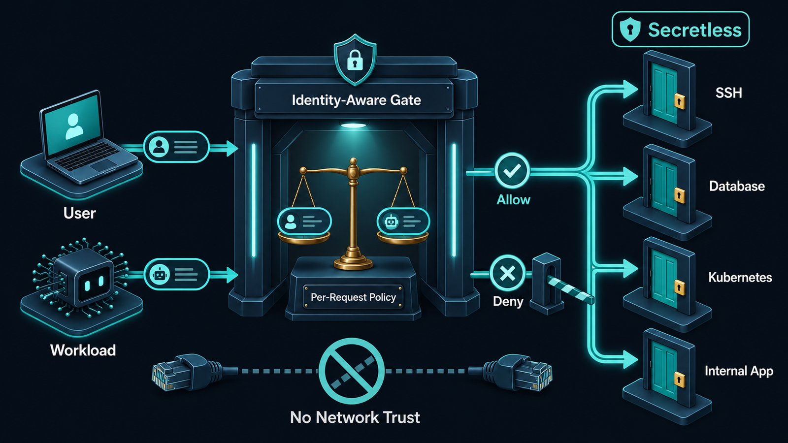 Zero-trust access chain: every request evaluated at runtime on identity, intent, context and resource before touching data