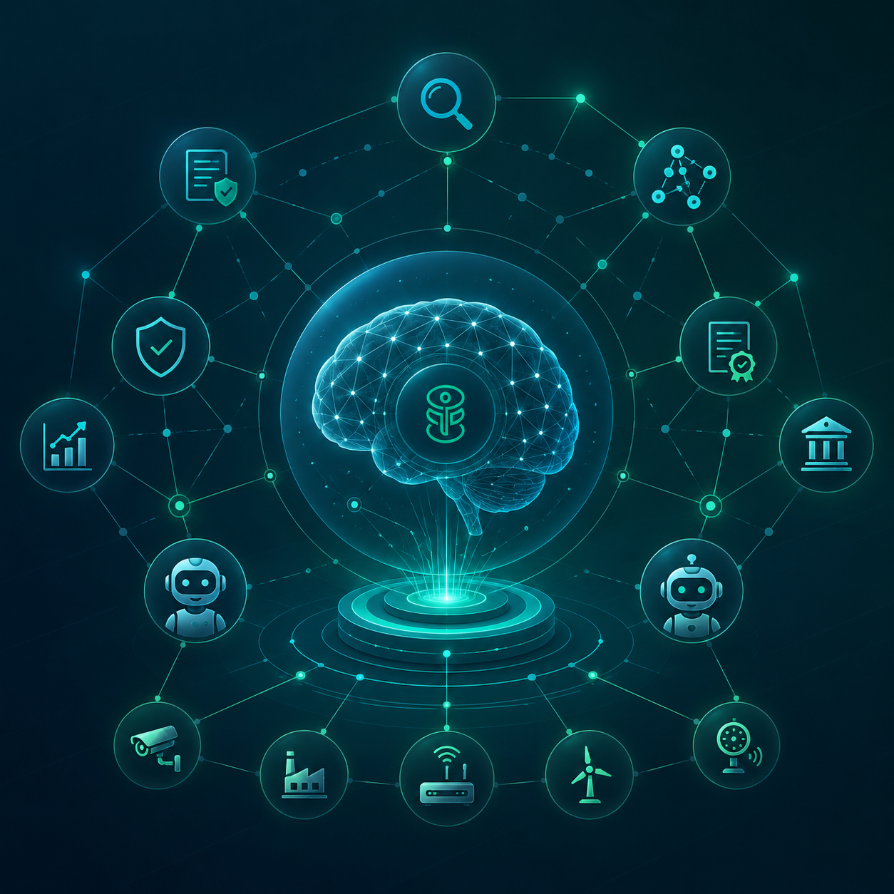 Indentia cognitive layer — a brain at the centre with structured data, documents, users and IoT devices around it